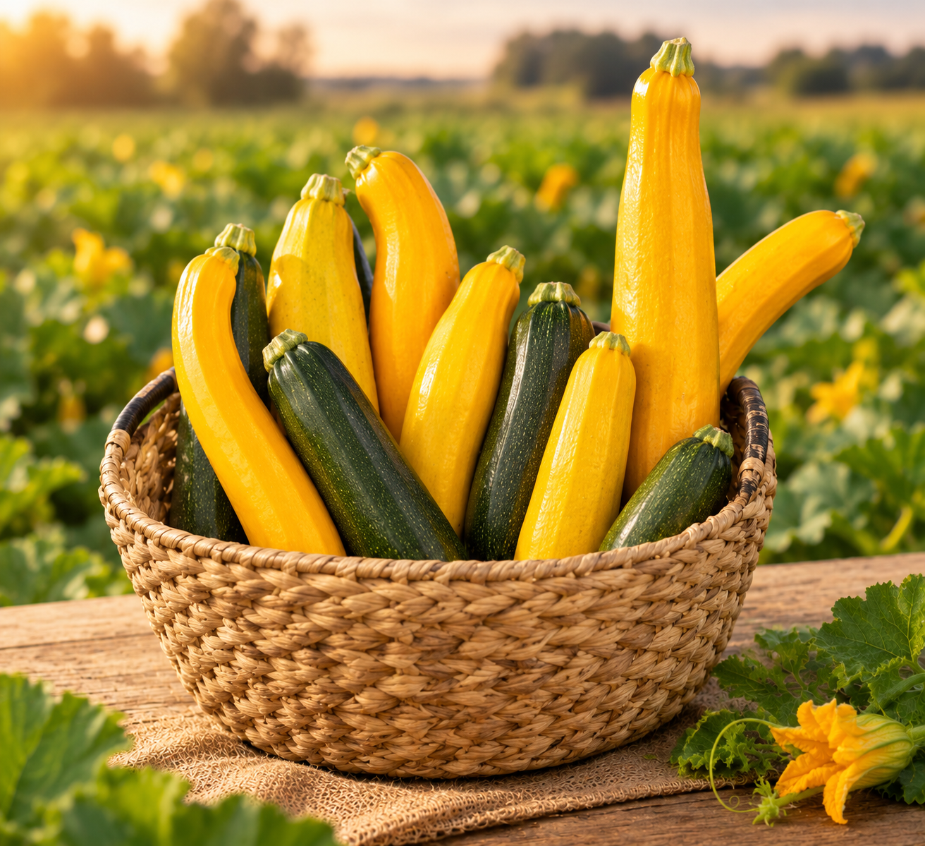 Erntekorb mit Zucchini im Abendlicht
